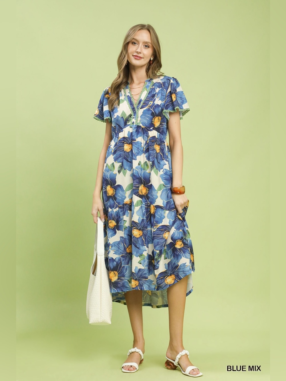 Umgee Tropical Floral V-Neck Flutter Sleeve Tiered Midi Dress🛍️